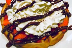 bananas chocolate drizzle, whipped cream (bananas may be substituted with one fruit topping)